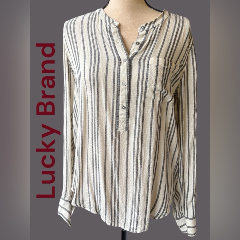 Lucky Brand-Medium 100% viscose off white/gray striped blouse. Roll tab sleeve - Picture 2 of 16